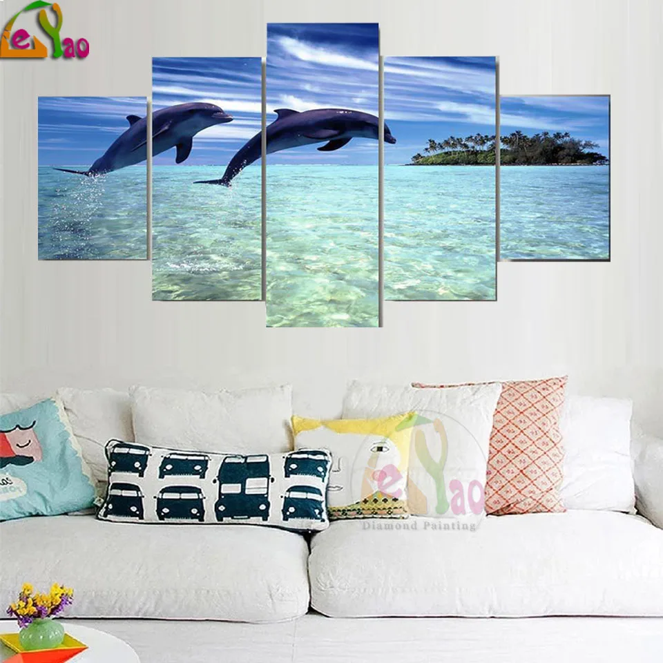 

5 Pieces/set Jumping Dolphins 5D DIY Diamond Painting multi-picture Embroidery Cross Stitch Full Rhinestone Decor