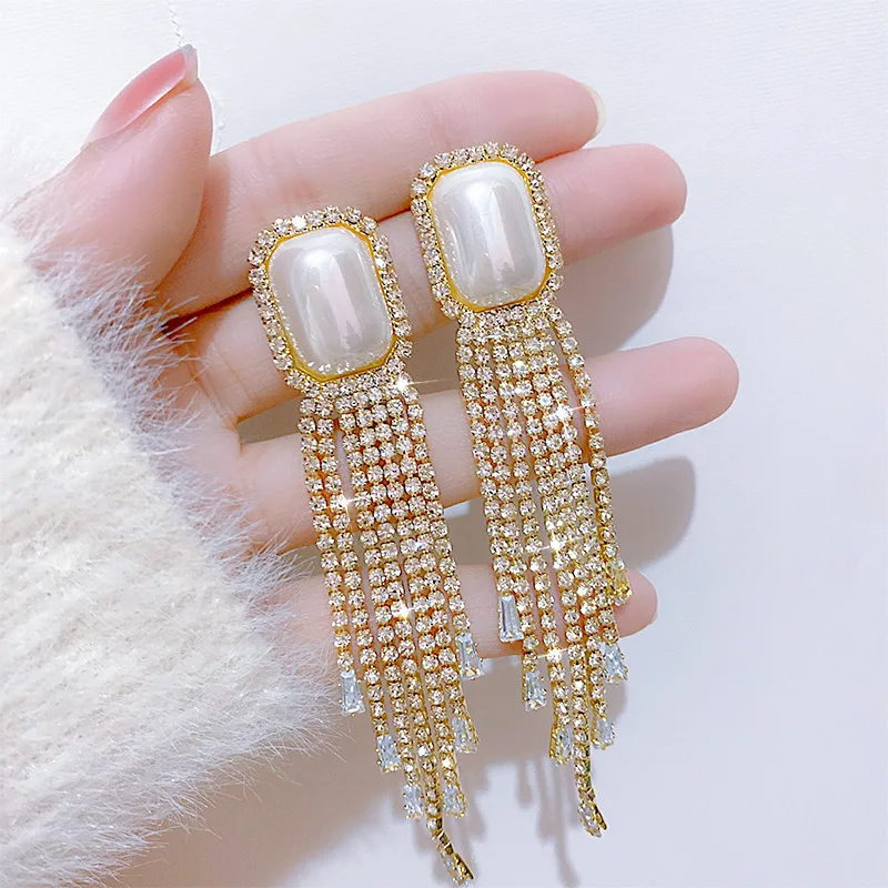 

Long Tassel Full Rhinestone Drop Earrings for Women Square Pearl Geometric Dangle Earrings Fashion Jewelry Accessories