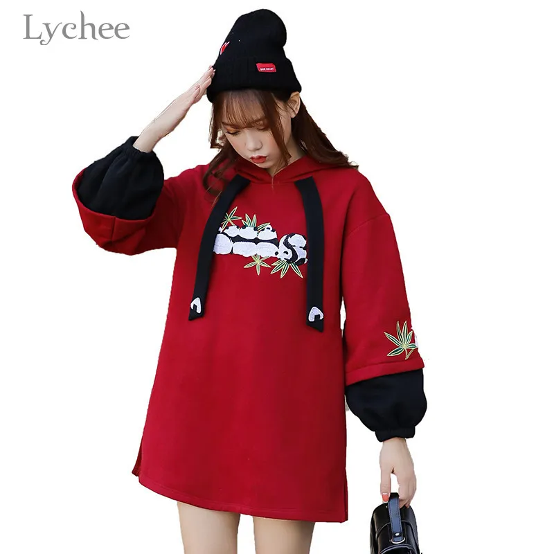 

Lychee Harajuku Panda Embroidery Women Fleece Hoodies Patchwork Female Hooded Sweatshirt Tracksuit Warm Winter Lady Pullovers