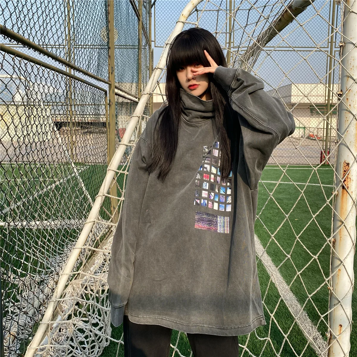 

High Street Brand C.E High Collar Poster Print Washed Oversized Hoodie Kawaii Y2k Women's Clothing Sweatshirts Men's Clothing