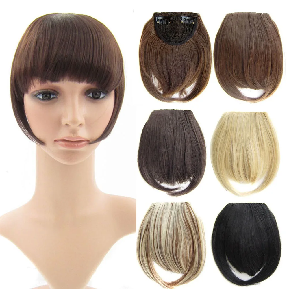 

One Piece Clip in Fringe Bangs Hair Extensions Synthetic Straight Cute Hairpiece Thick Front Neat Curtain Bang with Temples
