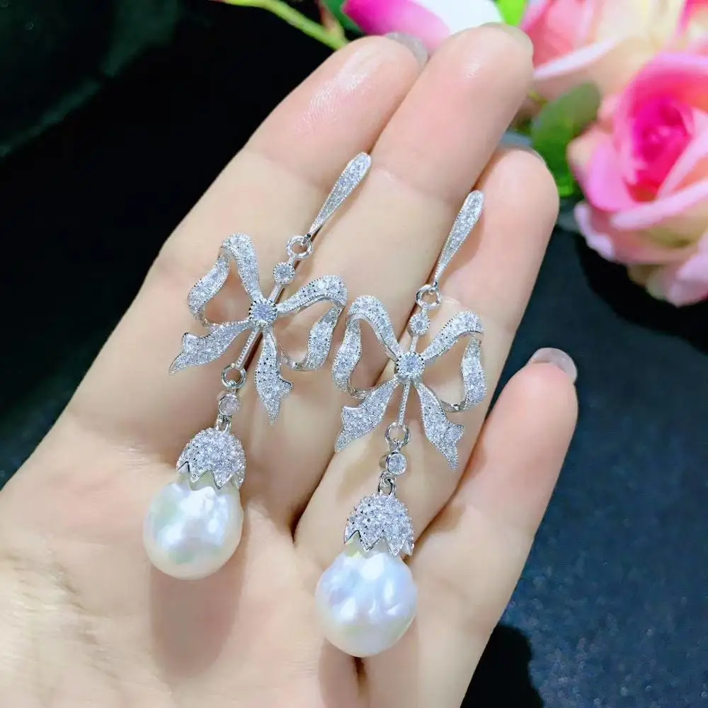 

baroque natural fresh water pearl drop earring 925 sterling silver with cubic zircon bowknot earring fine women jewelry long