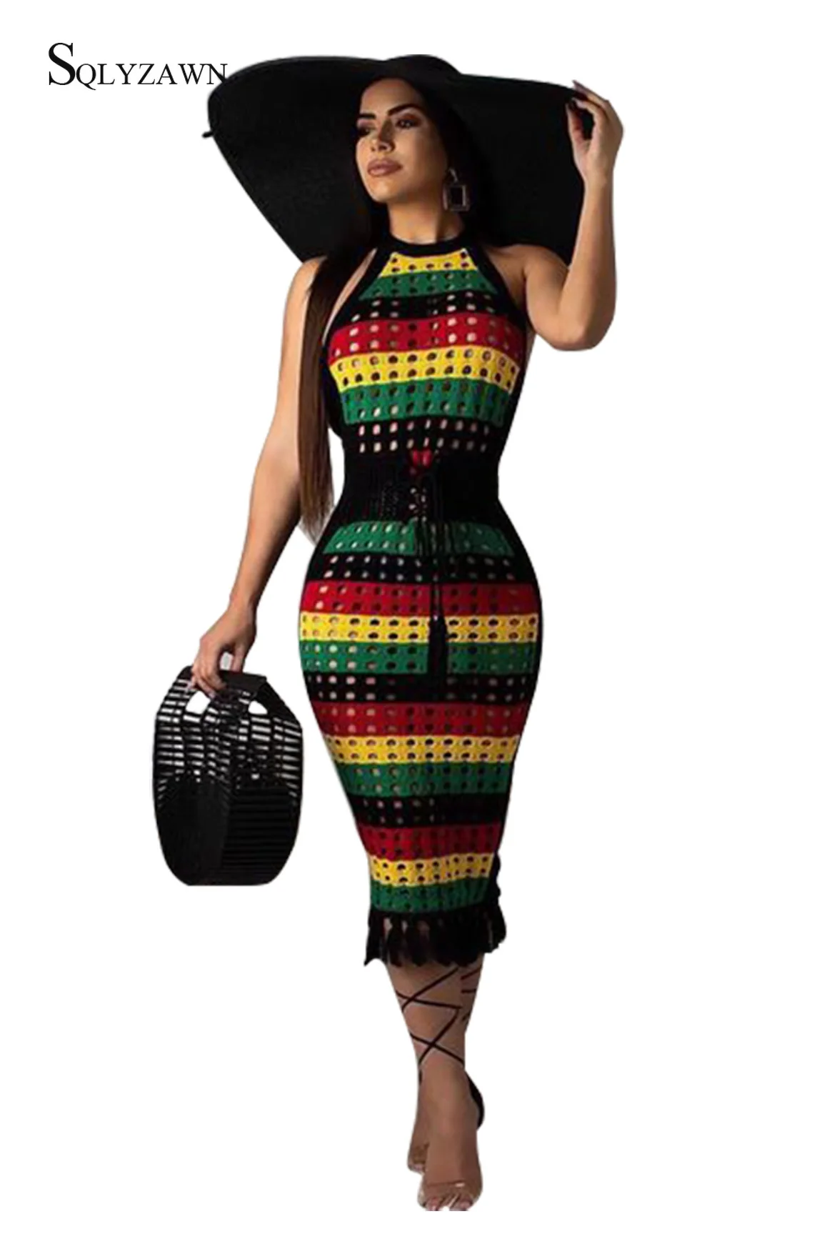 

Женское сексуальное Радужное цветное платье на бретельках без рукавов, Дамское Платье с открытой спиной и кисточками, лоскутные пляжные ве...