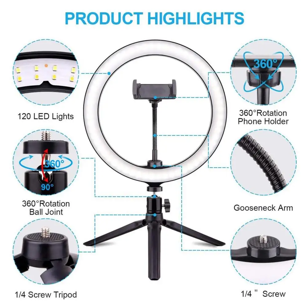 Светодиодный кольцевой фонарик 10 дюймов 3 цветной Регулируемый светодиод
