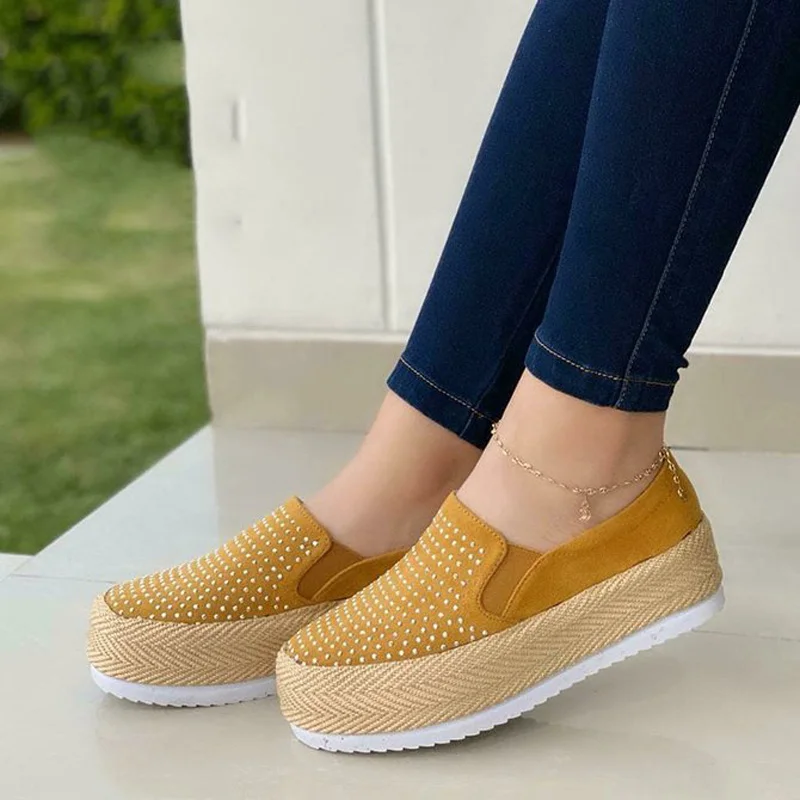 Women's Flat Shoes Thick Bottom Crystal Slip On Solid Female Sneakers Shallow Light Leisure Comfort Ladies Vulcanized Shoes New