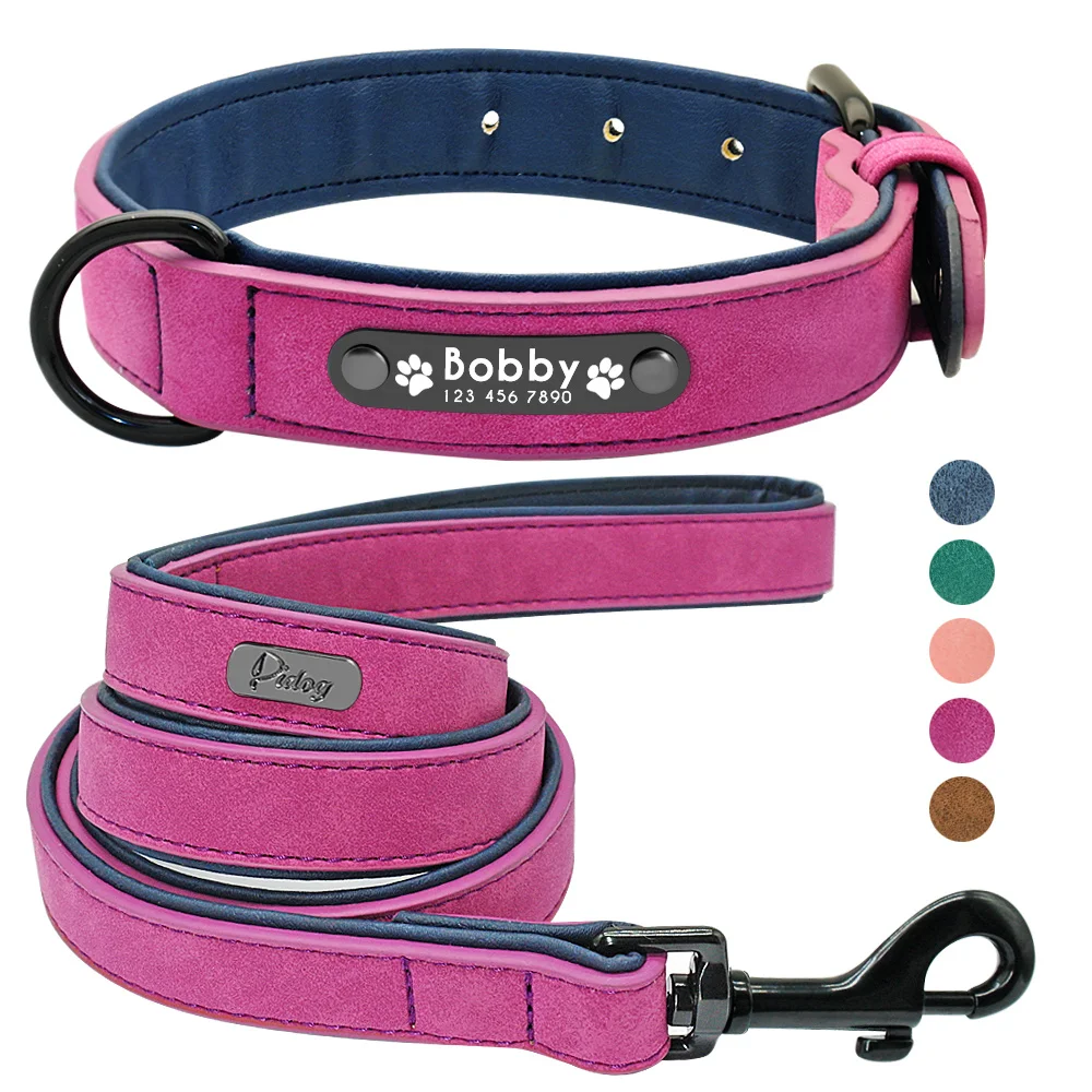 

Leather Dog Collar Leash Set Personalized Soft Dogs Collars Lead Padded for Small Medium Large Dogs Pitbull French Bulldog