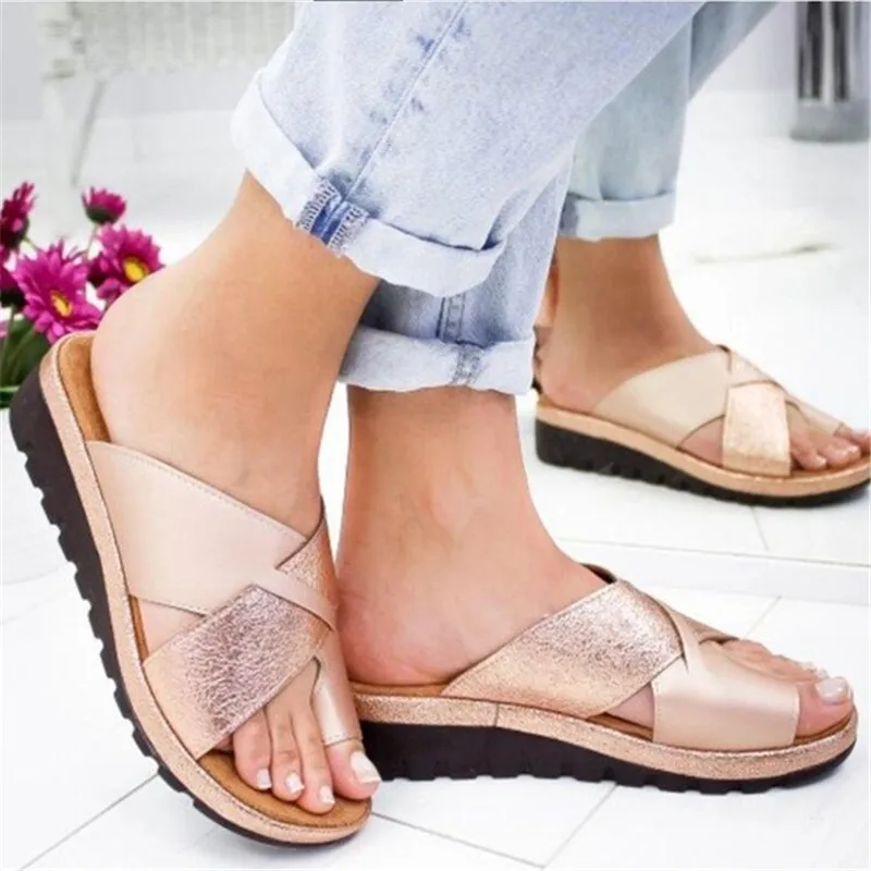 

Women Artificial PU Shoes Slippers Orthopedic Bunion Corrector Comfy Platform Wedge Ladies Casual Big Toe Correction Sandal