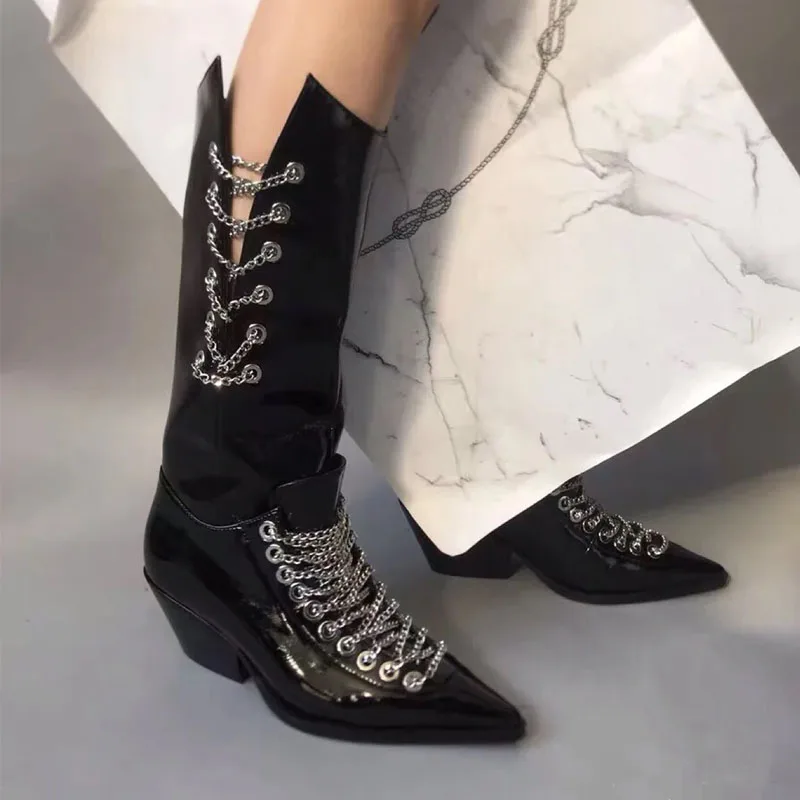 

Fashion Brand Knee High Boots High Heeled Long Boots Black Cowboy Boots Genuine Leather Pointed Toe Women Boots