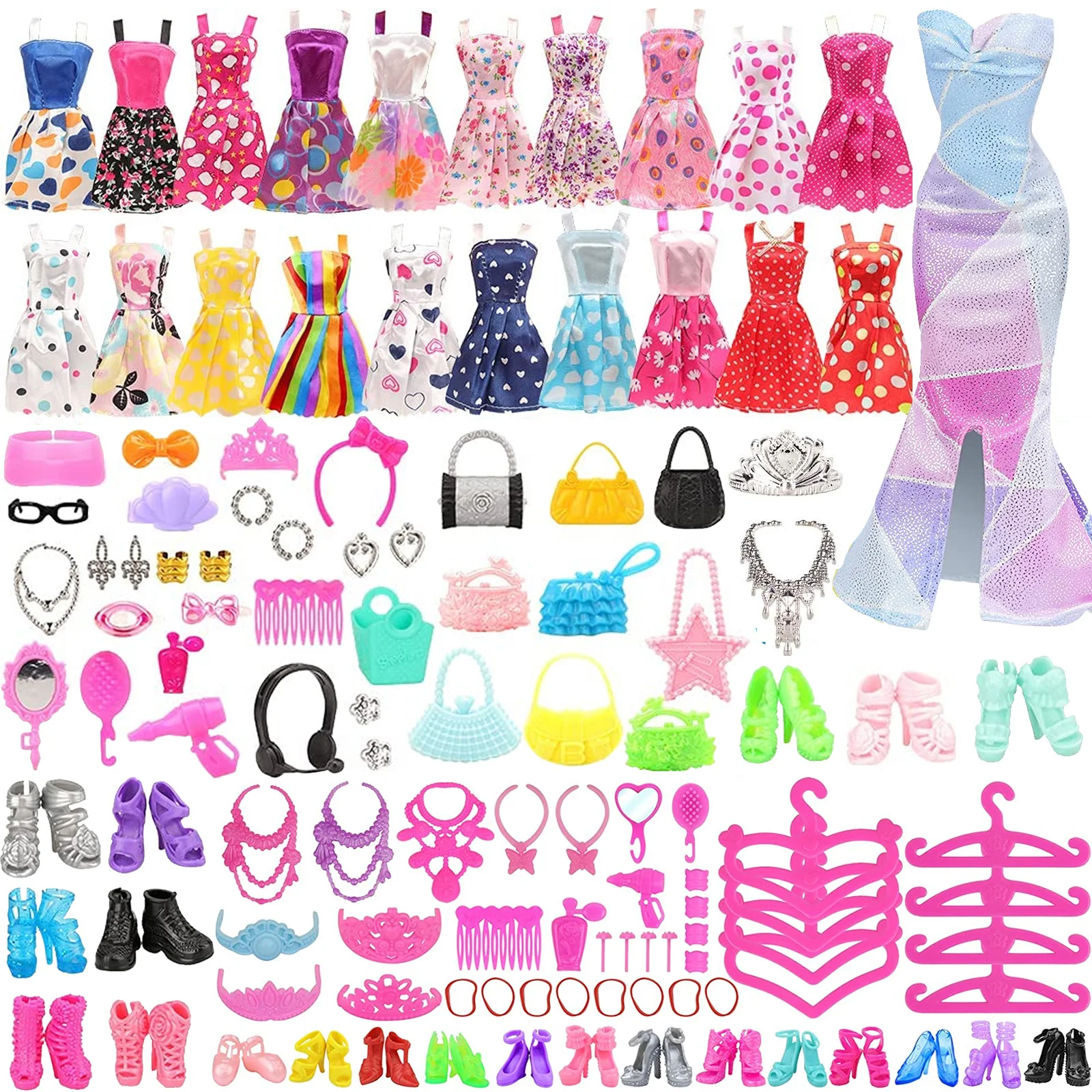 =10pcs Mini Dress+89pcs Accessories Handbags Hangers Glasses