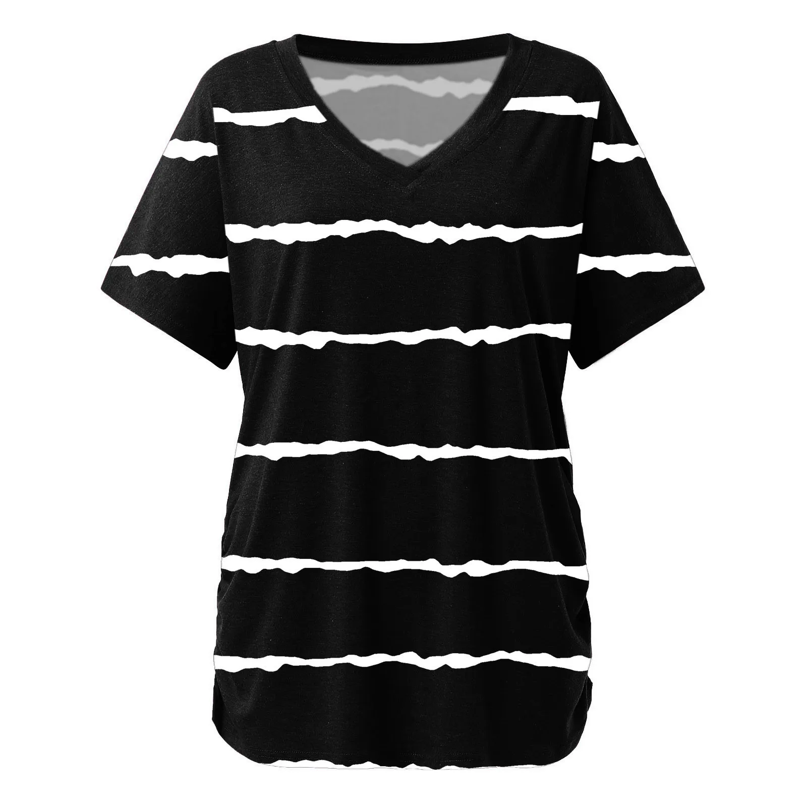 

Summer Womens V Neck Print Tops 2021 Stripe Printing Short Sleeve With Side Shirring Blouse T-shirt Casual Plus Size Femmel Tops