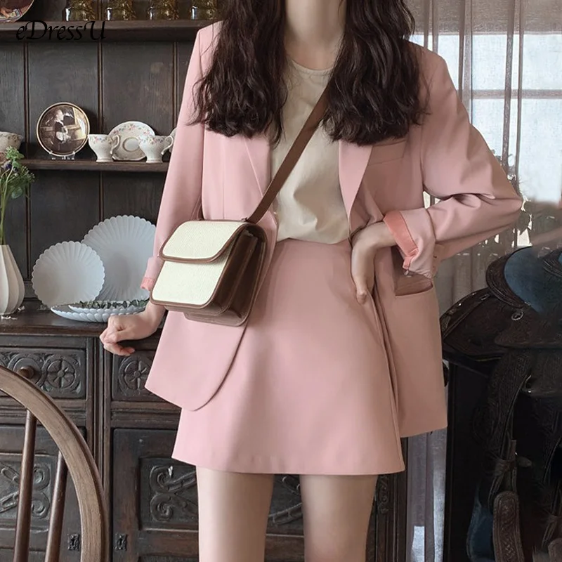 Женские костюмы eDressU из 2 предметов розовый блейзер пиджак юбка офисная одежда в