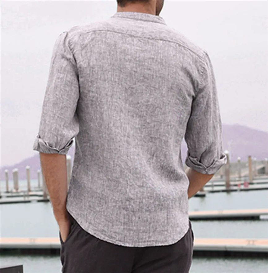 Mandarin Collar Mens Shirts Men Three Quarter Vintage Linen Solid Short Sleeve Retro Tops Blouse Dress Shirt | Мужская одежда