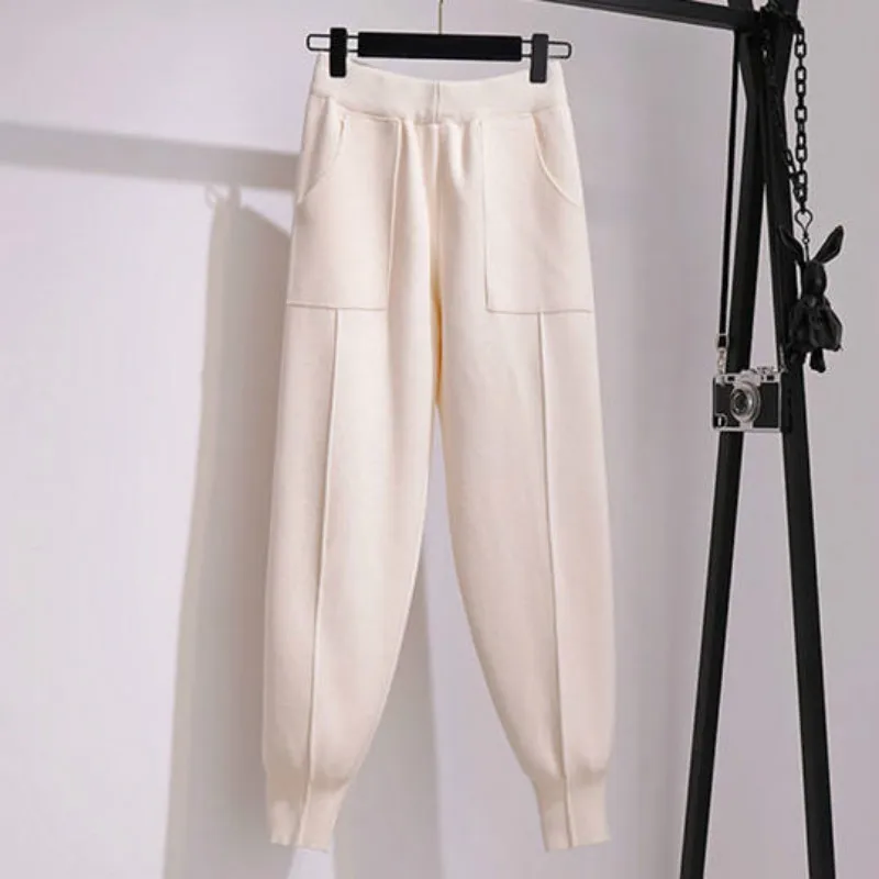 

Big Pocket Women Drawstring Harem Pants Autumn Winter Knitted Carrots Trouser Black White Ankle-Length Thick Female Pant Y87