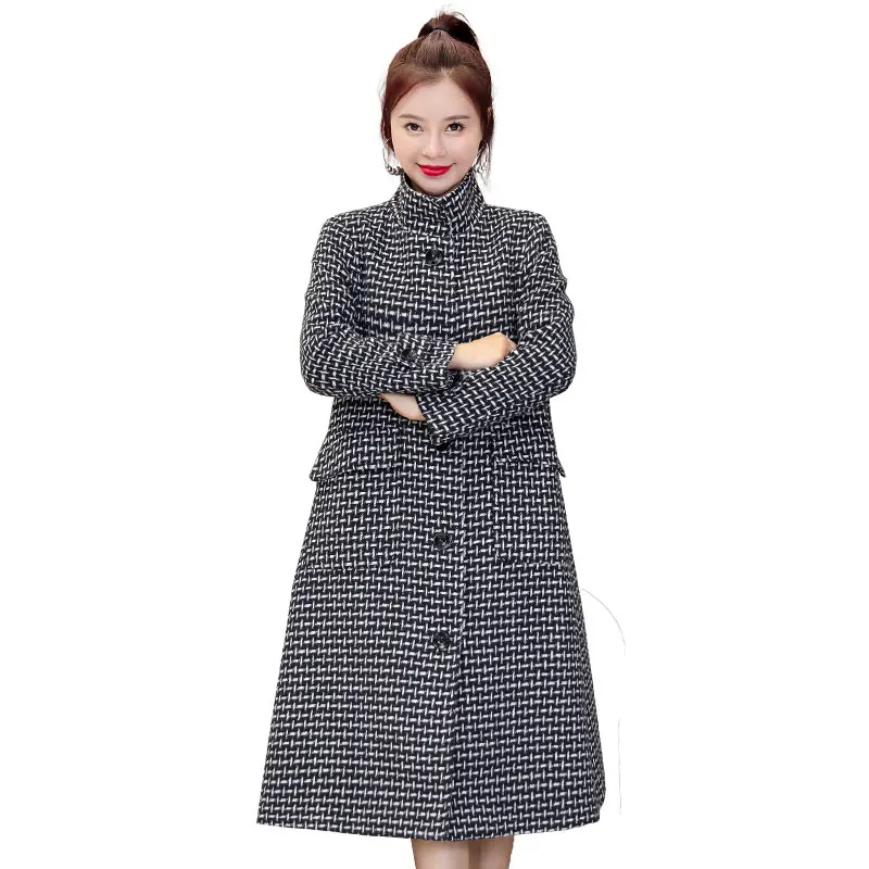 

Plaid Coat Woolen Stand Collar Single Breasted Mid-Length Women's Coats 2020 Spring Fashion Pocket Long Sleeve Loose Plaid Coat