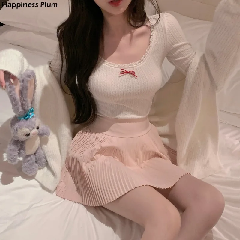 

Женский комплект из 2 предметов, розовые плиссированные шорты, юбка, топы с длинным рукавом и эластичным поясом, милый костюм, милая Одежда для девочек