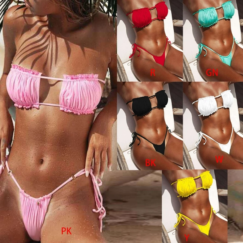 2021 NEW Women Sexy 2pcs Bikini Set Ruched Strapless Hollow Out Bandeau Swimsuit Side Tie Low Waist Solid Color Bathing Suit | Женская