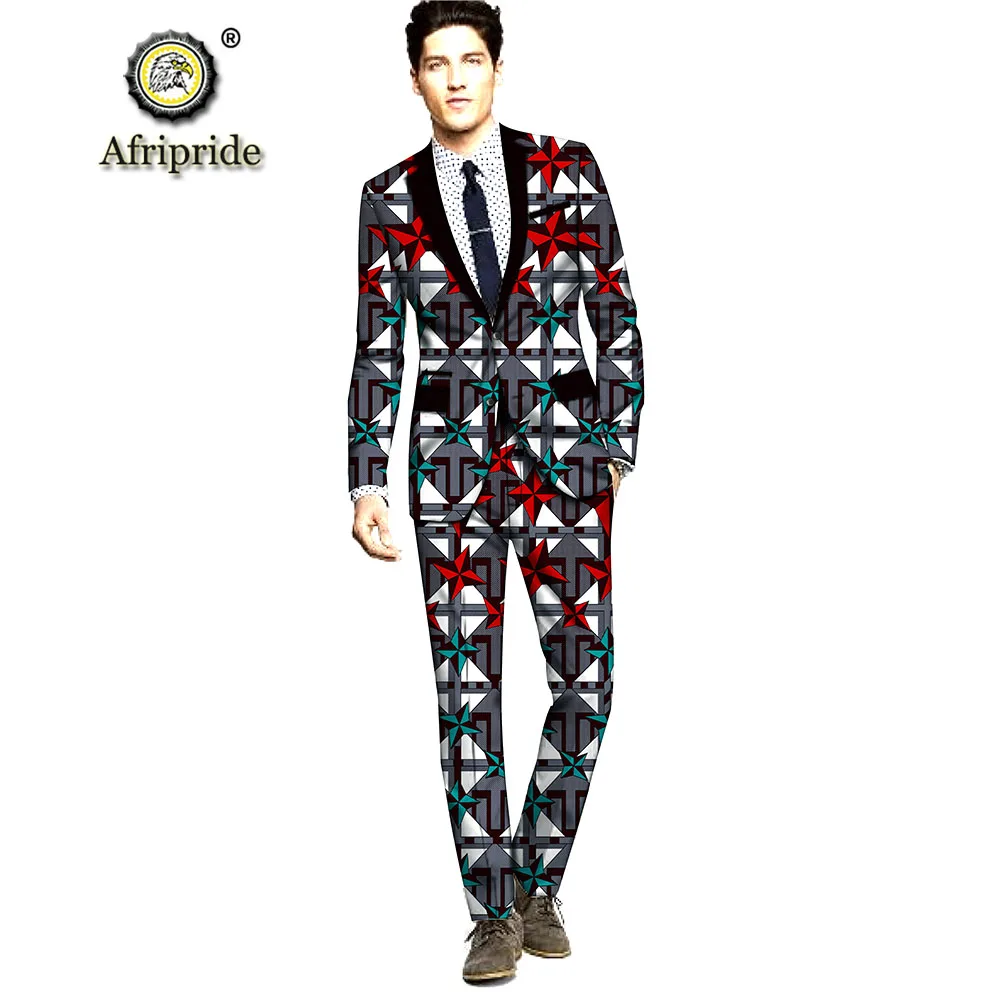 2019 Men`s Suit 2 Piece Classic Fit African Print Jacket Blazer & Pleated Pants Set Dashiki Outfit AFRIPRIDE S1916014