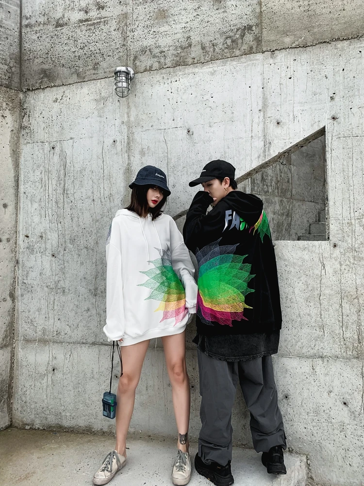 

Fashion Harajuku Colorful Leaves Print Couple Hoodies Women Autumn and Winter Loose Oversize Pullover Female Top Unisex