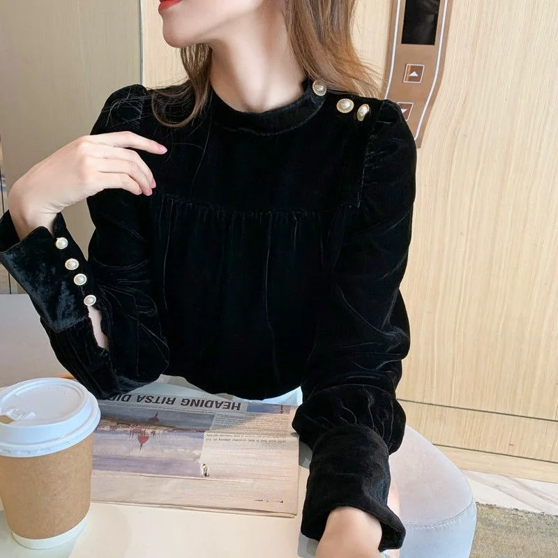 Black Velvet Elegant Tops Women Korea Fahsion Button Pure Color Pullover Blouse 2021 Winter Vintage Casual Clothing Office Lady
