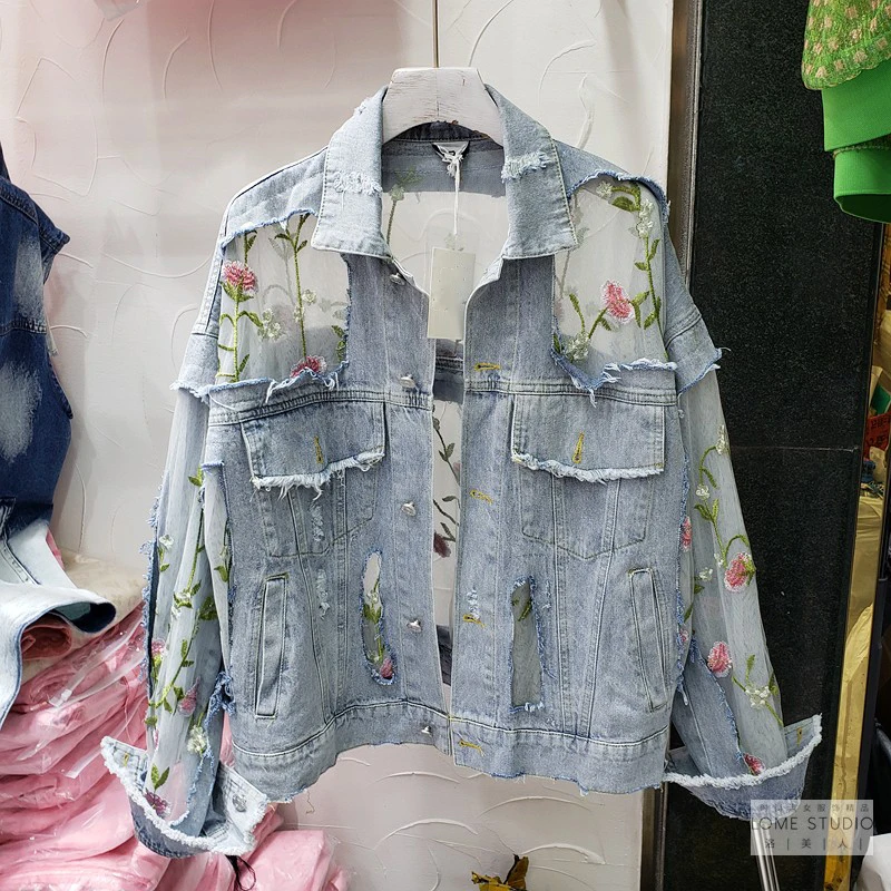 

Women's Coat Fashion Heavy Industry Embroidery Flower Stitching Mesh Yarn Sunscreen Denim Jacket Female Loose jacket jean jacket