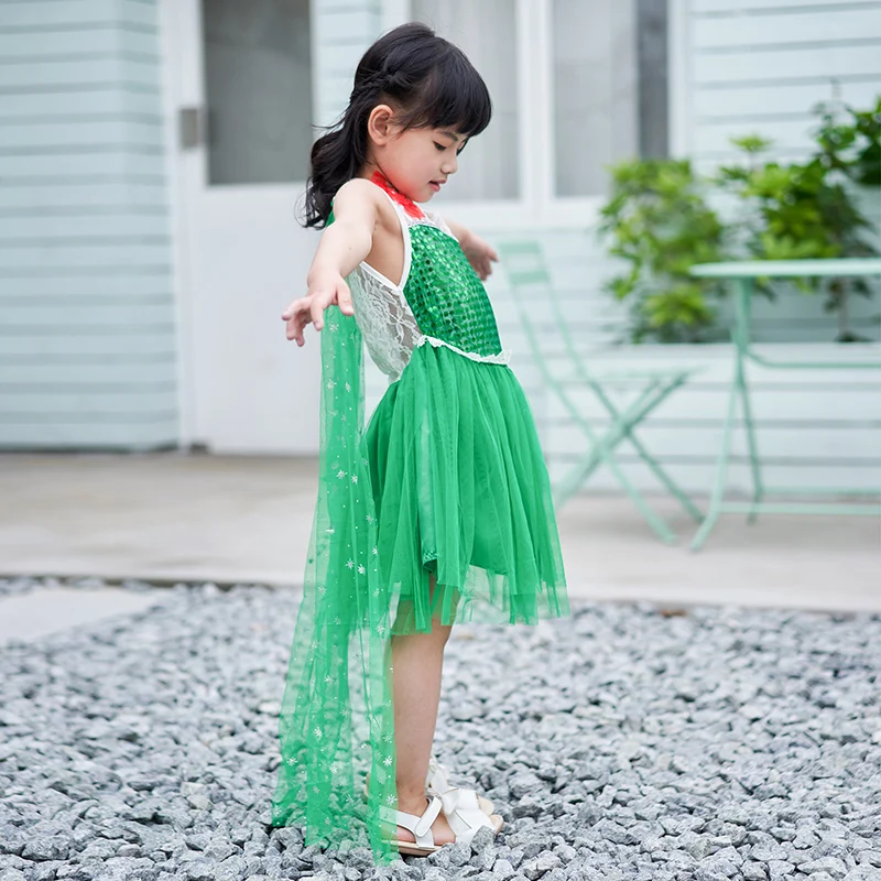 Детский костюм принцессы зеленое кружевное платье с накидкой из тюля для девочек
