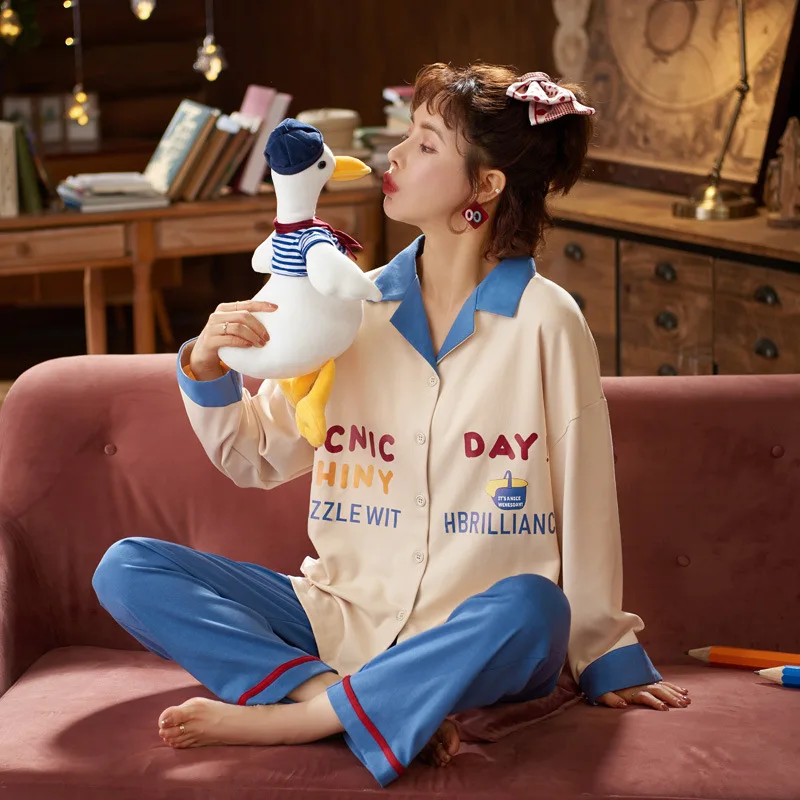 

Autumn and Winter New Lovers Home Wear Long Sleeve Trousers Sweet Cute Baby Lapel Pajamas Women Men Cotton Suit