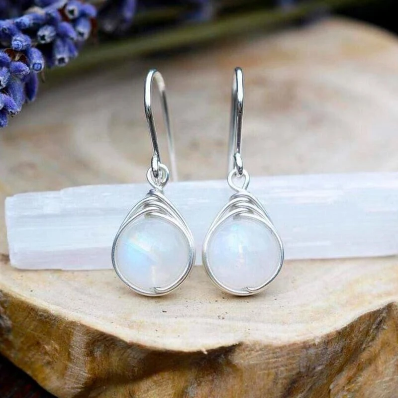 

New Anillos Silver Fashion Round Moonstone Silver Earrings For Women Long Earrings Luxury Colorful Gems Earings Fashion Jewelry