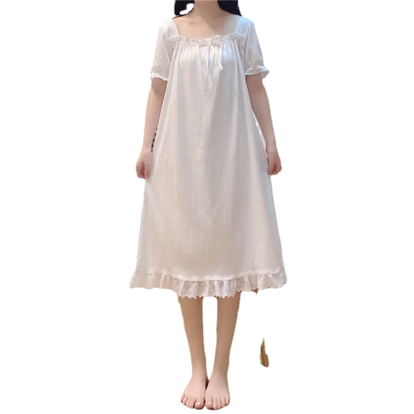 2021 Summer Princess Nightdress Women's Short Sleeve Thin Court Style Sweet Lace Nightgown Lady Mid Long Dress Female Sleepwear