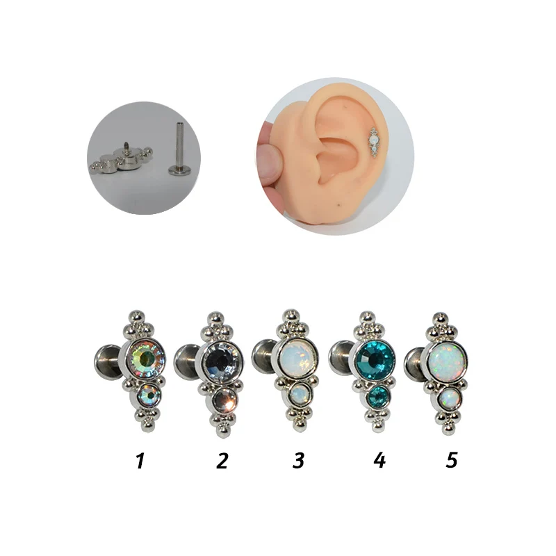 

1PC Titanium Opal Trio Star CZ Gem Internally Threaded Lobe Lip Stud 16g G23 Labret Ear Cartilage Tragus Helix Piercing