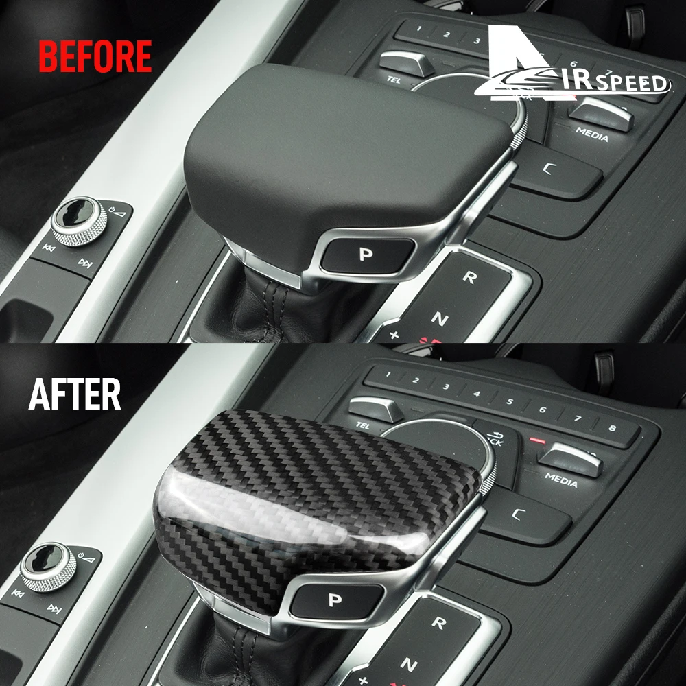 Наклейка AIRSPEED для Audi A4 B9 A5 Q7 4M Q5 FY на крышку рычага переключения передач автомобиля, аксессуары для отделки интерьера LHD RHD из настоящего углеродного волокна.