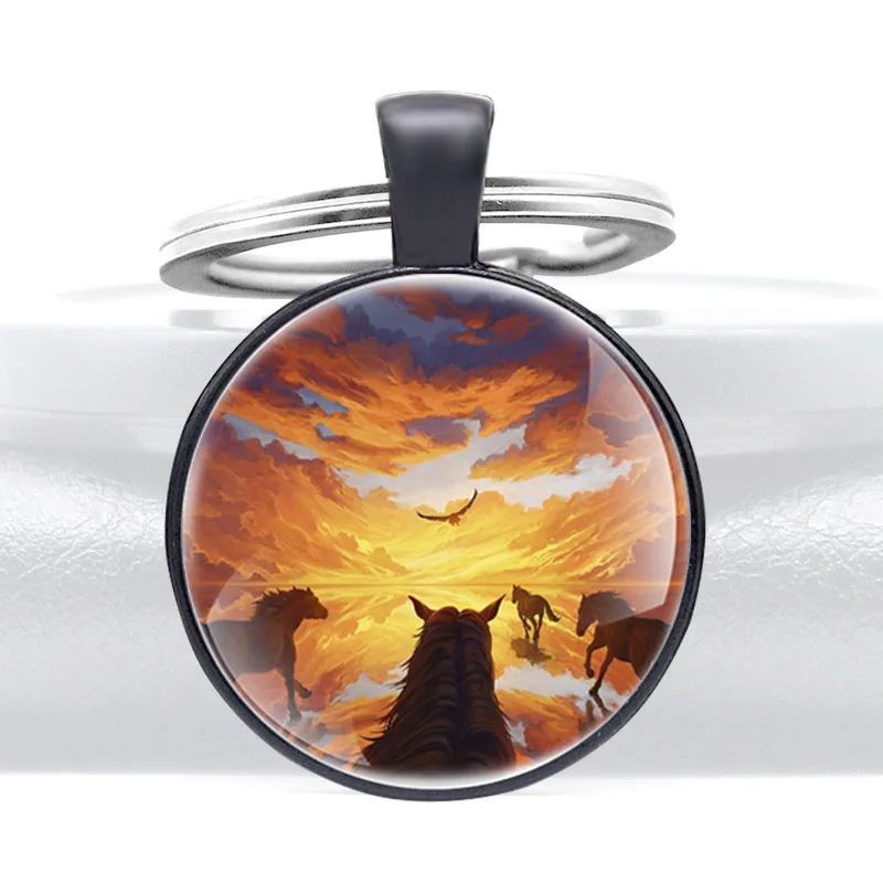 

Unique Horses Beautiful Sky Pattern Glass Dome key Chain Jewelry Key Rings Fashion Accessories Gift