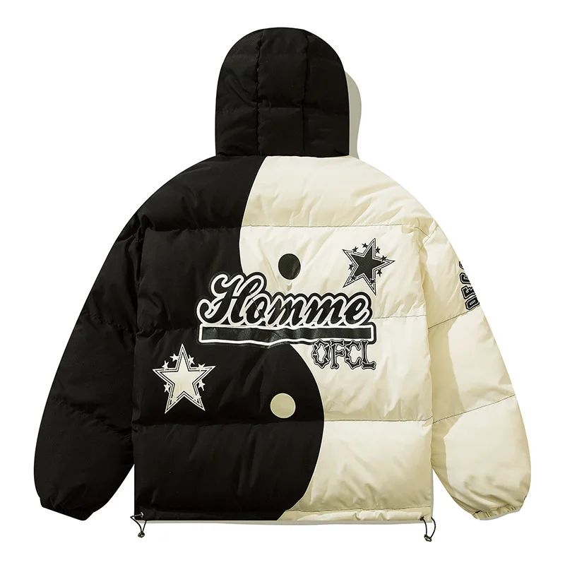 Mens Winter Parka Jacket Yin Yang Skeleton Print Streetwear Outwear Harajuku Padded Jacket Hooded Loose Warm Coat Unisex 2022