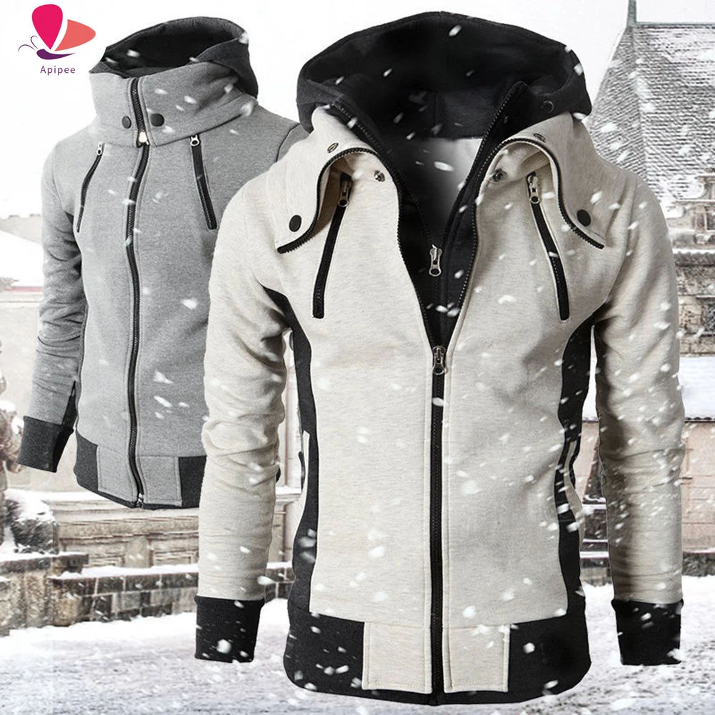 

New Fashion Hooded Male Outwear Slim Fit Hoody Zipper Men Jackets Autumn Winter Casual Fleece Coats Bomber Jacket Scarf Collar