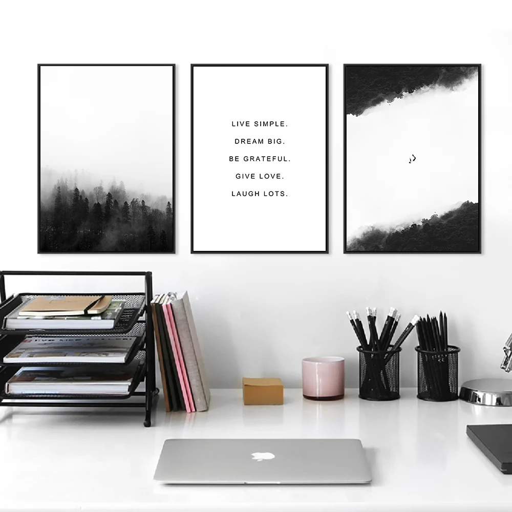 Лесной пейзаж плакат черно-белый Принт с цитатами туманный горный Холст Картина
