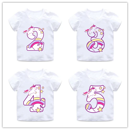 Boys/Girls Happy Birthday Unicorn Number 1-9 Bow Print T shirt Baby Cartoon Funny T-shirt Kids Birthday Present Clothes,ooo5238 