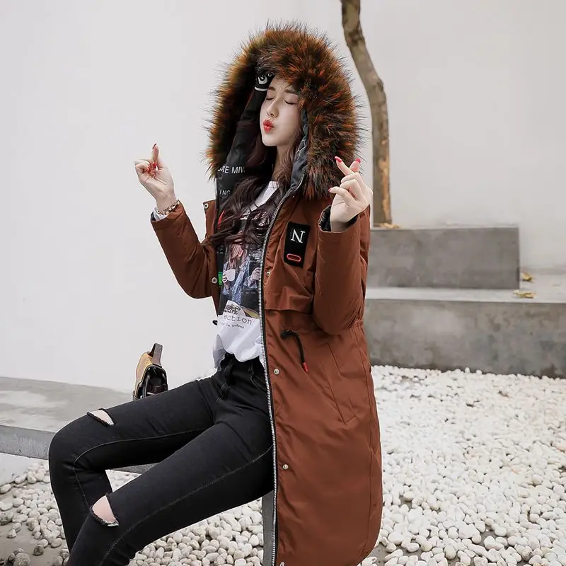 

female long cotton-padded coats women down jacket warm winter fashion newest elegant thicken hooded black fur collar