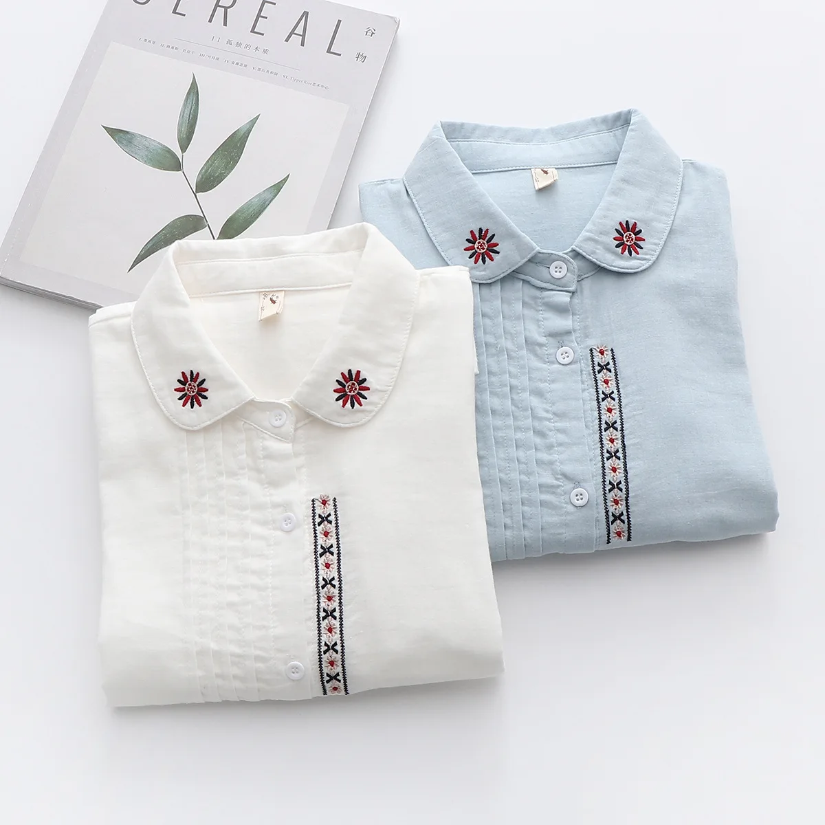 

HSA Women Spring Long Sleeve White Blouse and Shirts Turn Donw Collar Floral Embroidery Sunflower White Shirt Chic Blouse Tops
