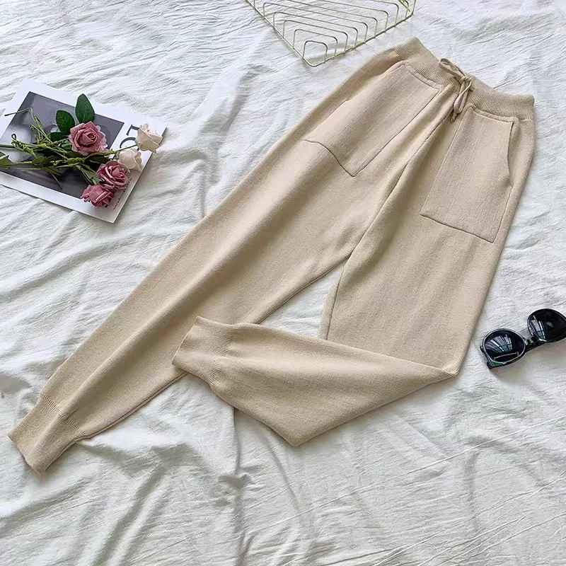 

2021 Autumn Winter Women Knit Tracksuits Leopard Knitted Pullover Sweater + Pocket Ankle-Length Pants Loungewear Two Piece Set