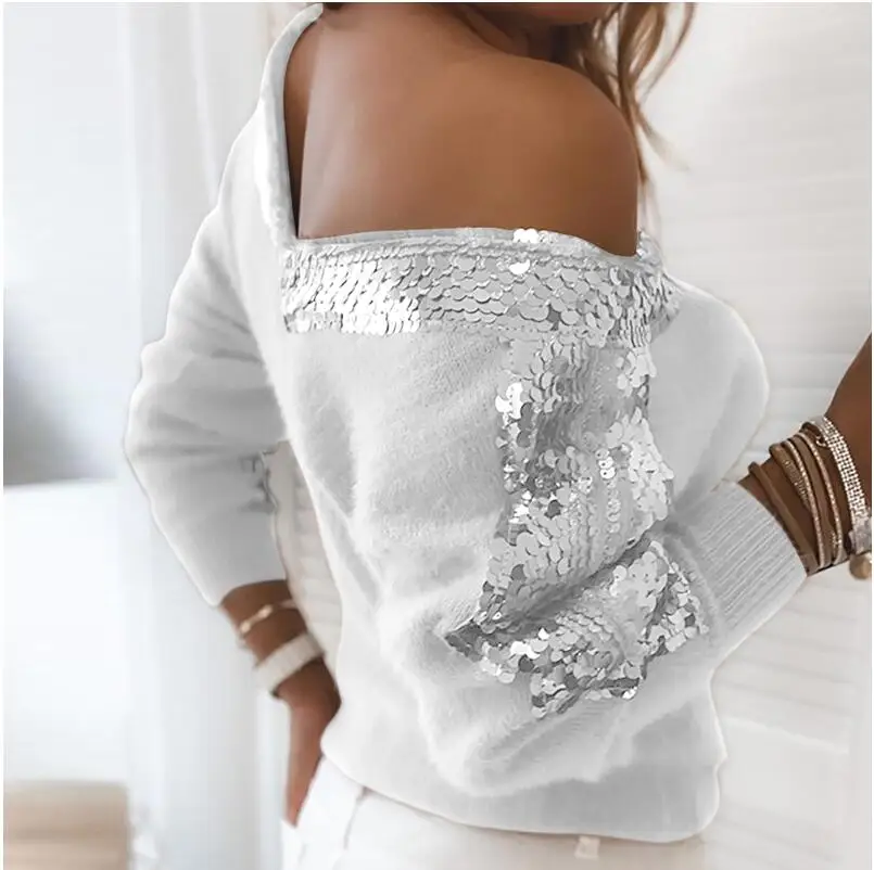 

Autumn Winter Elegant Off Shoulder V Neck Casual Women Long Sleeve Pullover Tops Vintage Sequin Patchwork Solid Knitted Sweaters