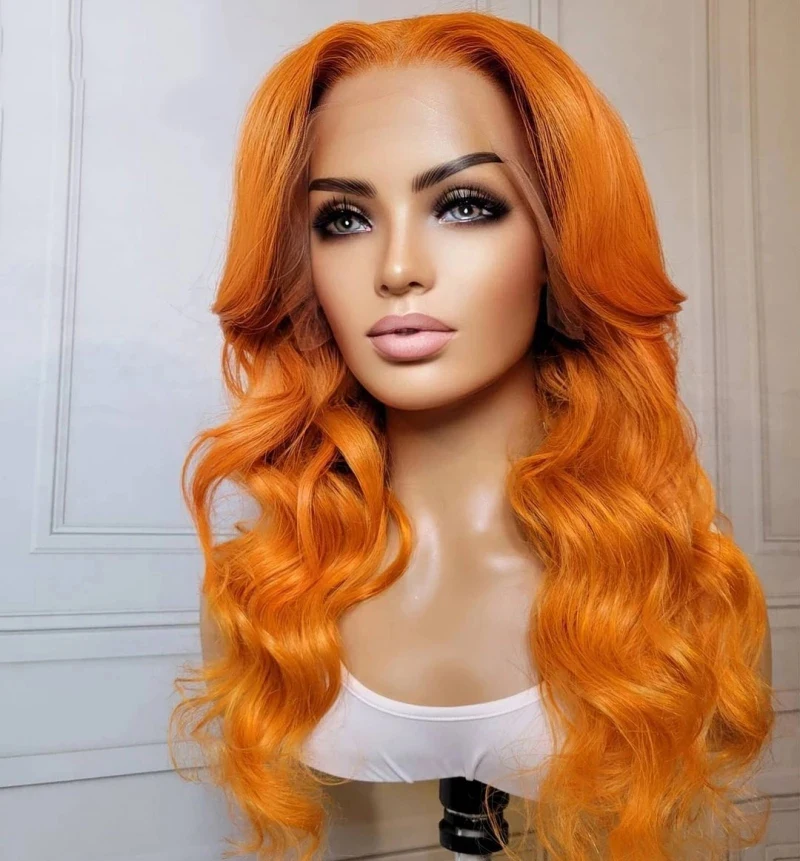 

Имбирный оранжевый цвет тело волнистые синтетические волосы кружевные передние парики плотность 180 Термостойкое волокно для женщин коспле...