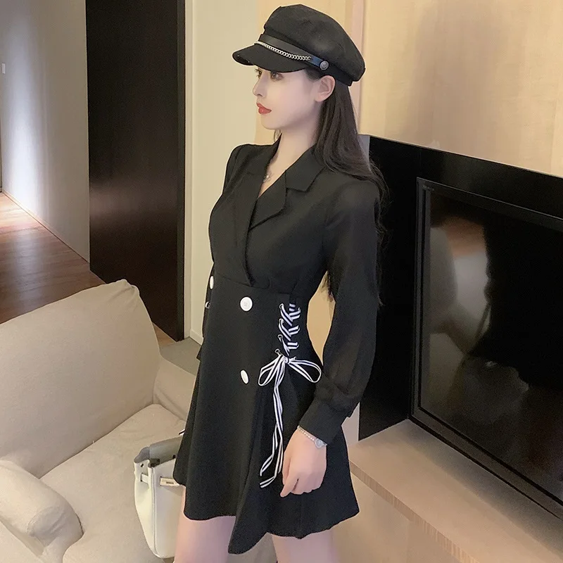 Женское платье-блейзер с длинным рукавом черное Сетчатое лоскутное повседневное