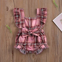 new baby%e2%80%99s plaid print jumpsuit toddler girl square neck flying short sleeve short pants romper with bow