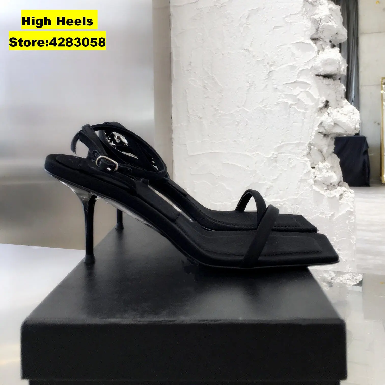 

Summer Sexy Lady Fashion Women's Shoes Casual Designer Black leather One Strappy crystal Sandals High heels Zapatos Mujer