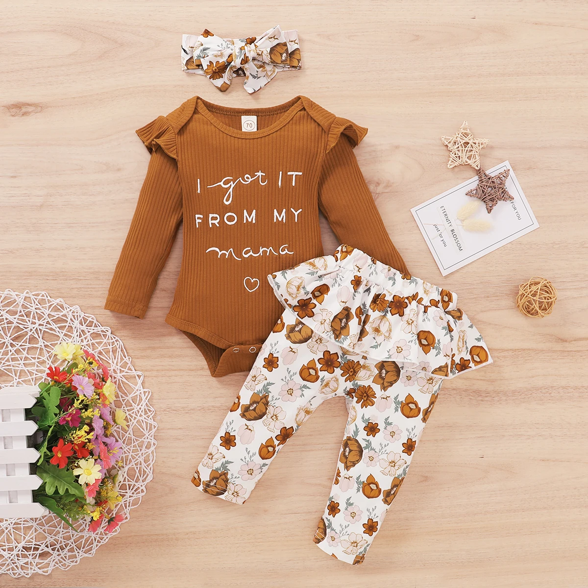 Pudcoco Kids Girl 3Pcs Set Long Sleeve Flower Printed O-Neck Romper+Casual Flouncing Pants+Headband | Мать и ребенок