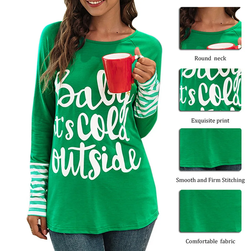 2019 Letter Printted Women Blouses Christmas Snowflake Tops Long Sleeve Stripe Pactwork O Neck Casual Blusas Femininas |