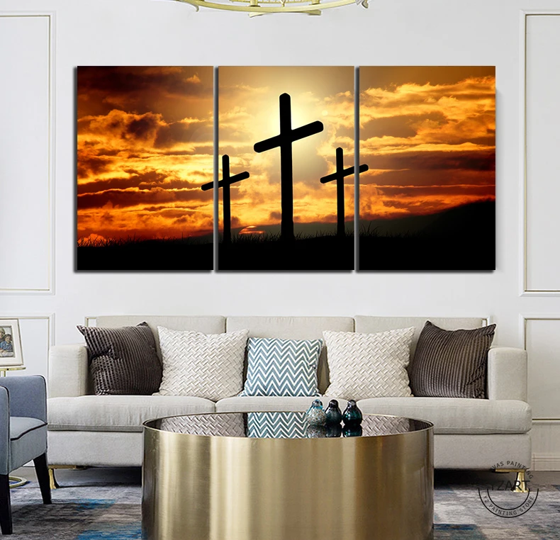 

3 Piece Christian Jesus Cross Picture Landscape Poster Artwork Canvas Wall Art Paintings for Living Room Decor-NO FRAME