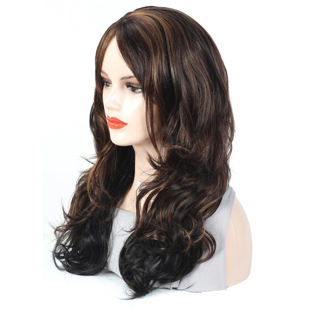 Длинные волнистые синтетические волосы с челкой Модный черный смешанный