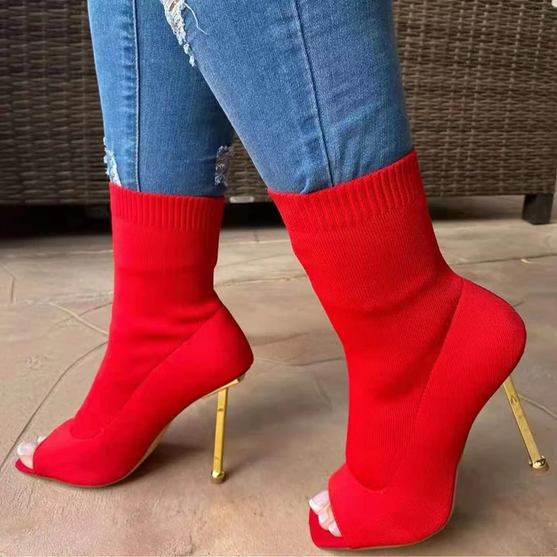 

Fashion Peep Toe Square High Heel Boots Knitting Upper Autumn Booty Heel Stretch Socks Women Shoes Metal