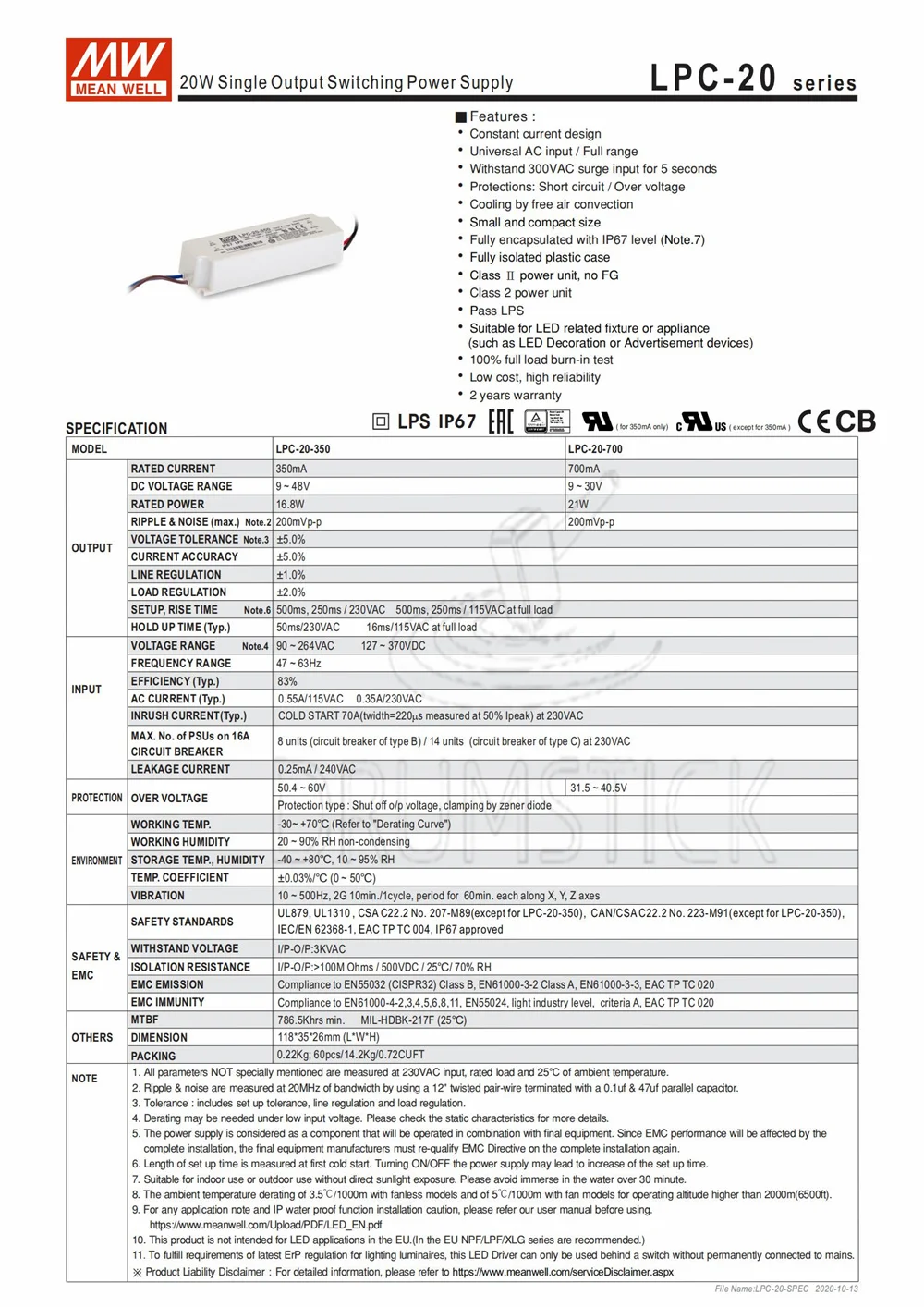 Бренд MEAN WELL представляет LPC-20-350 48V 350mA meanwell LPC-20 16 8 W один Выход светодиодный