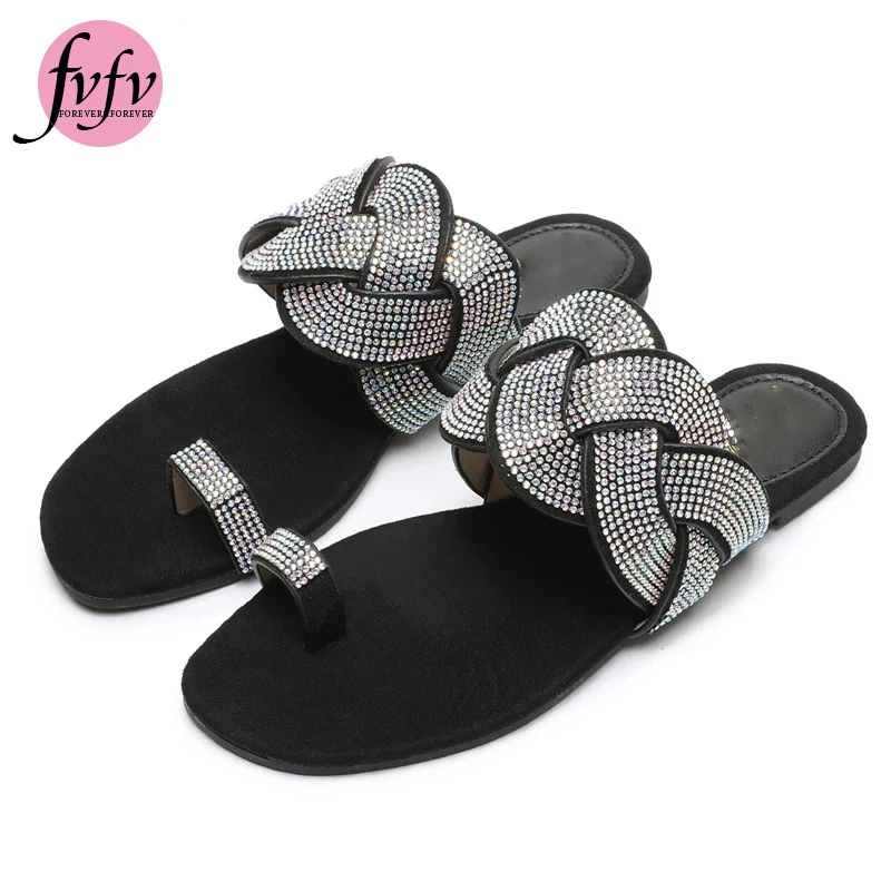 

[FVFV]Woman Slippers Summer Shoes Round Head Flat-bottom Ling Rhinestone Slippers Beach Plus Size Crystal Flip Flops Slides